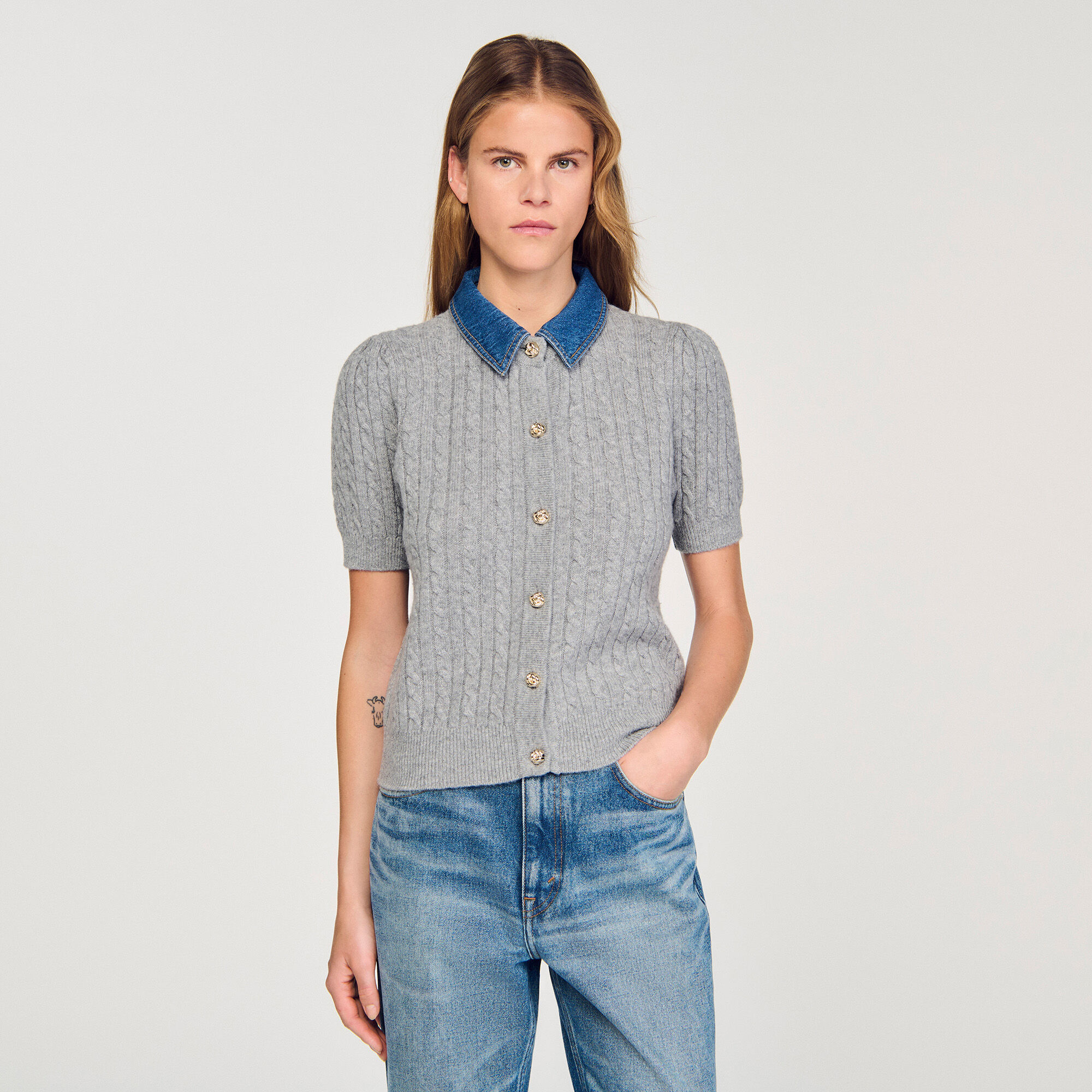 Cardigan avec col en denim amovible