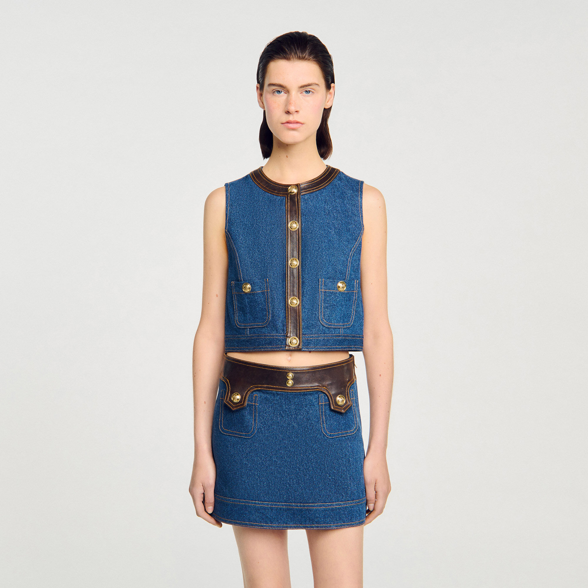 Haut en denim et cuir