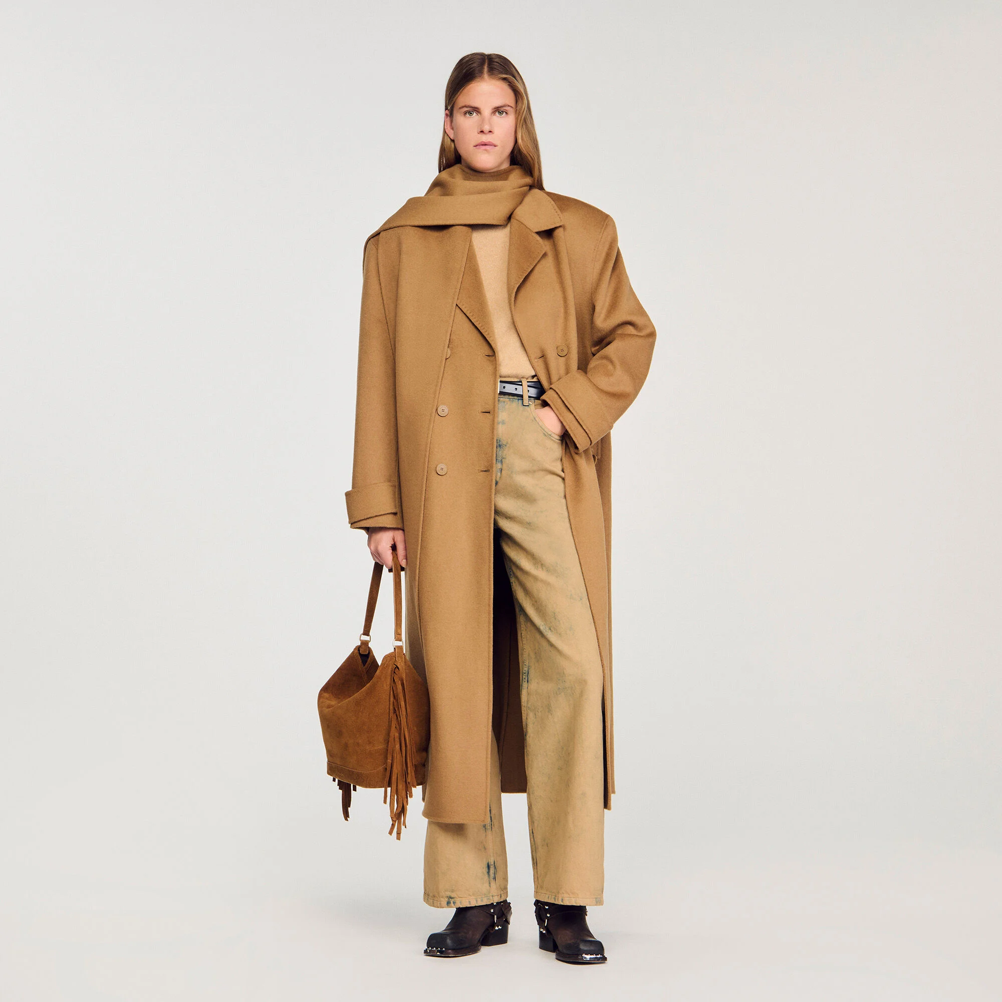 Manteau en laine oversize avec écharpe amovible