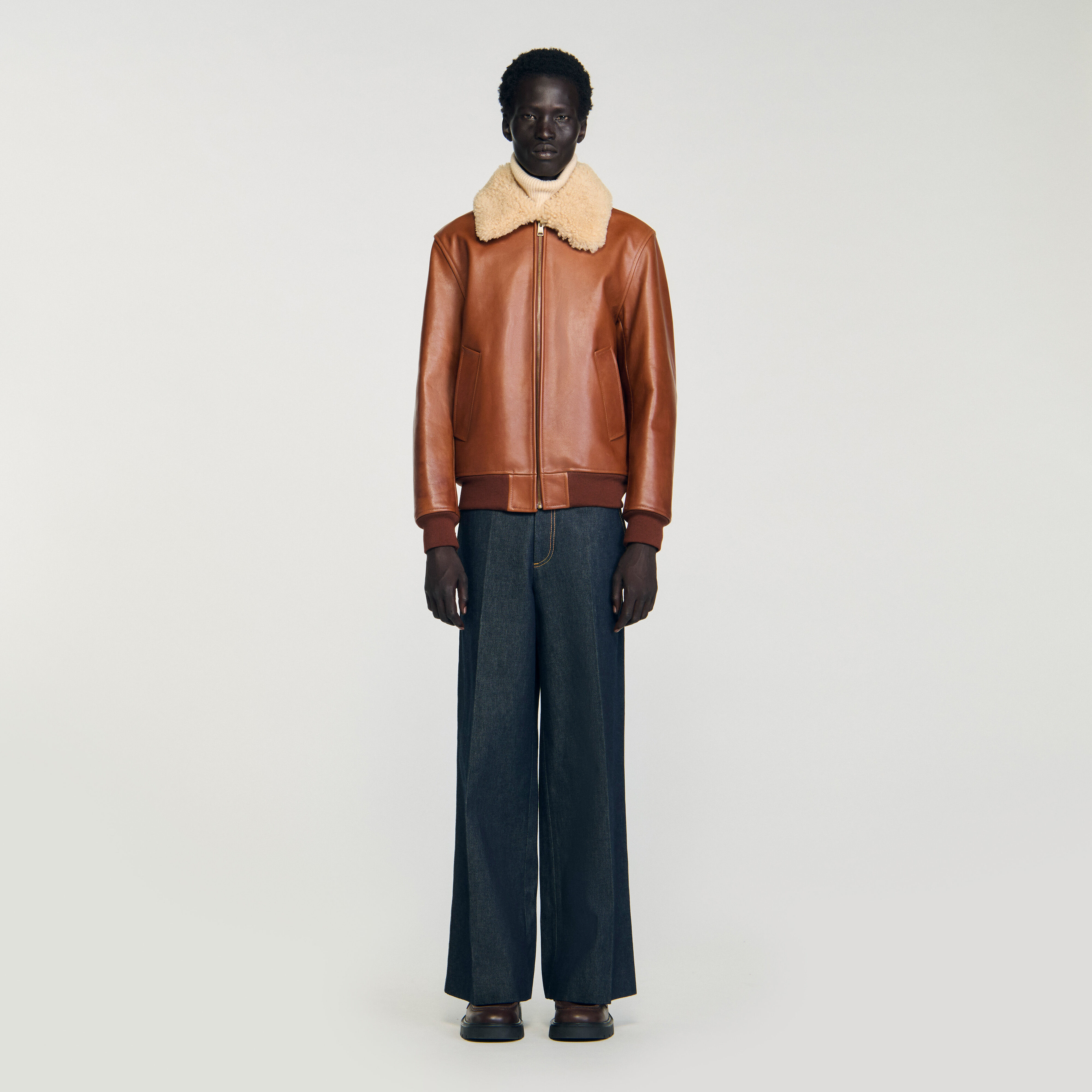 Veste en cuir avec col en shearling
