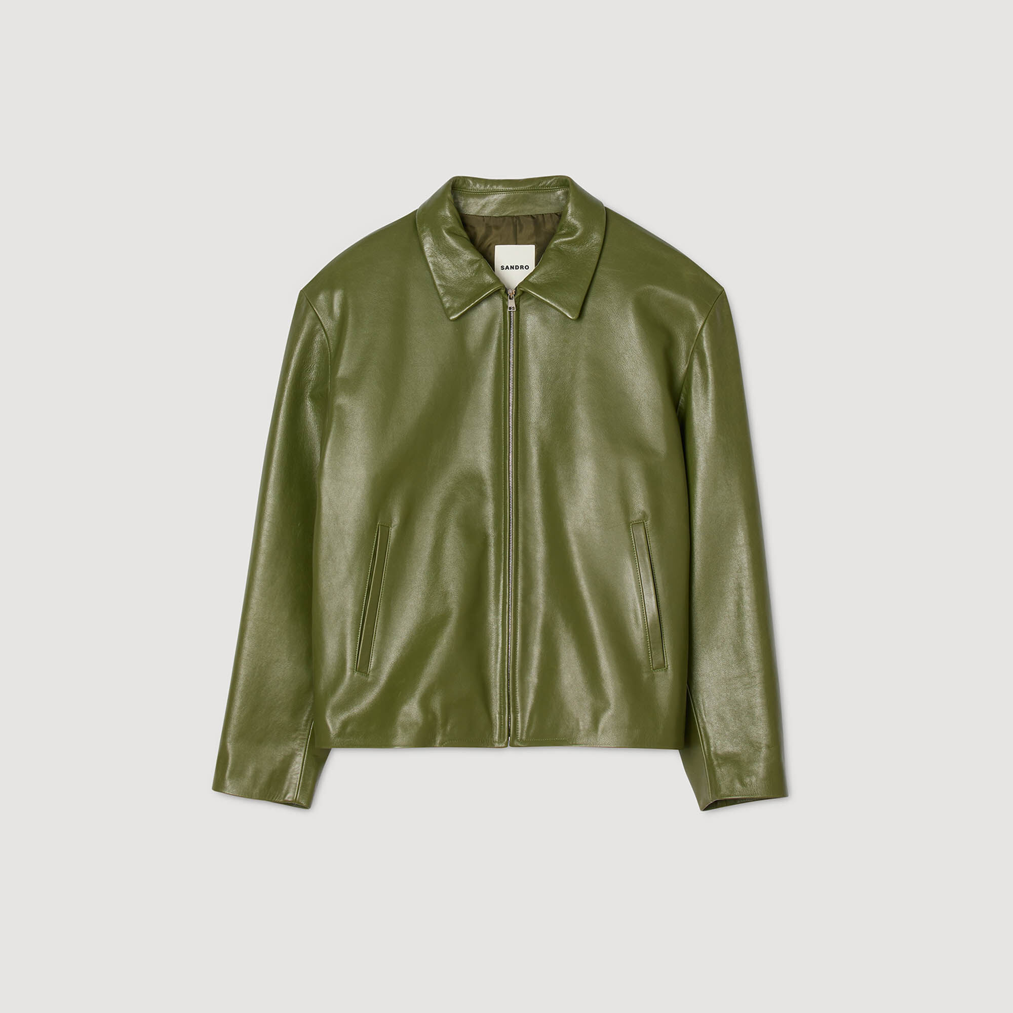 Veste en cuir à col aile et fermeture éclair