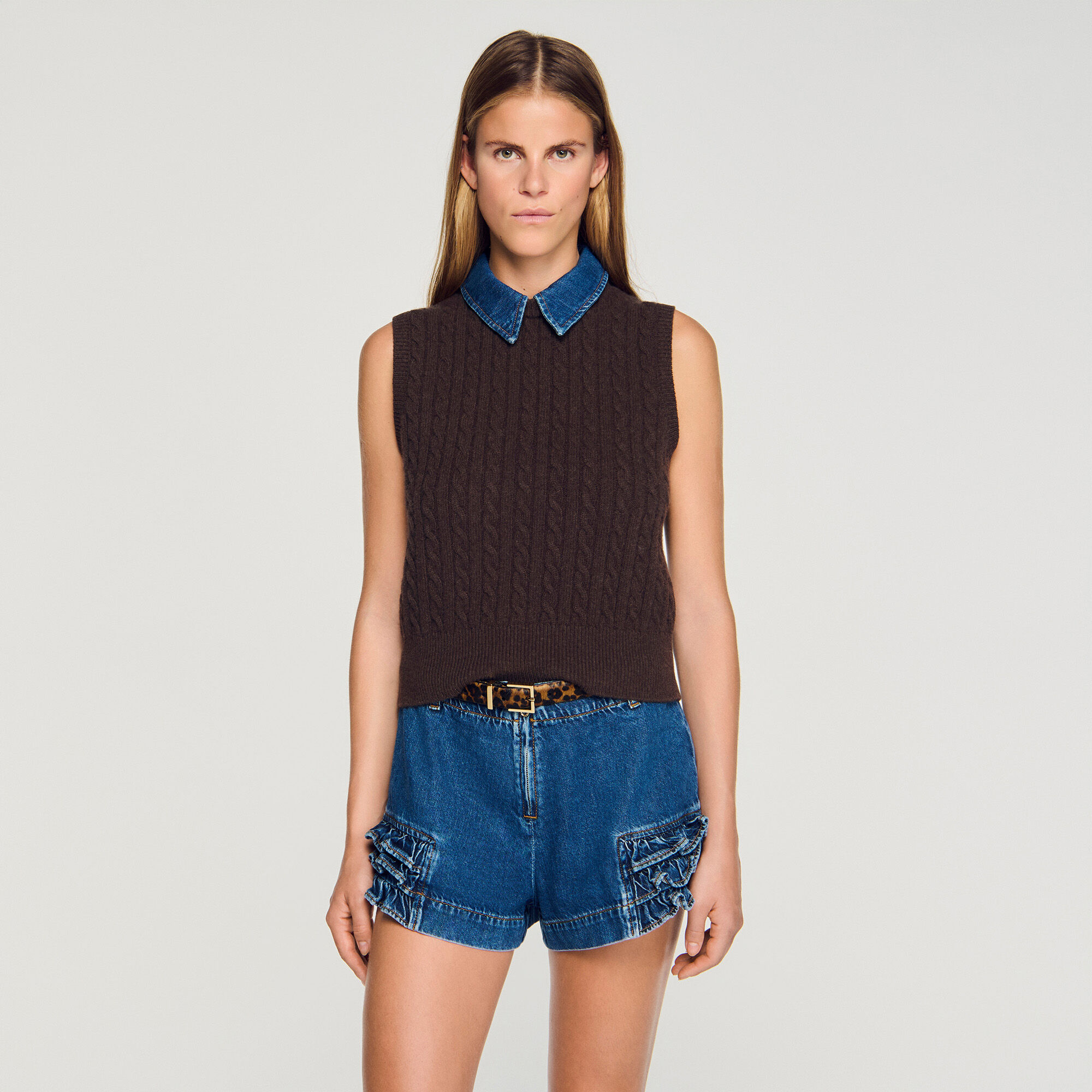 Pull tricot avec col en denim amovible