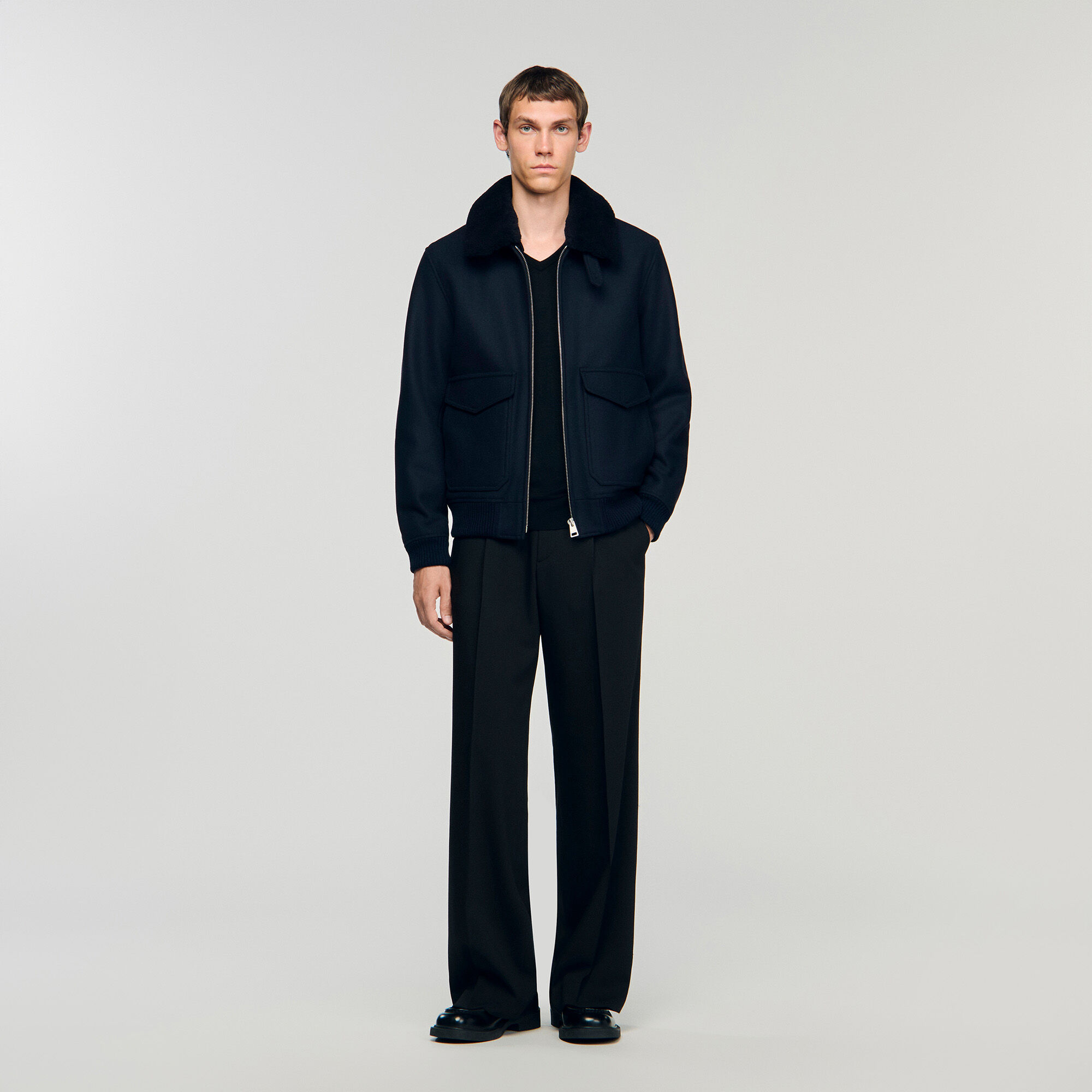 Veste d'aviateur en laine avec fourrure