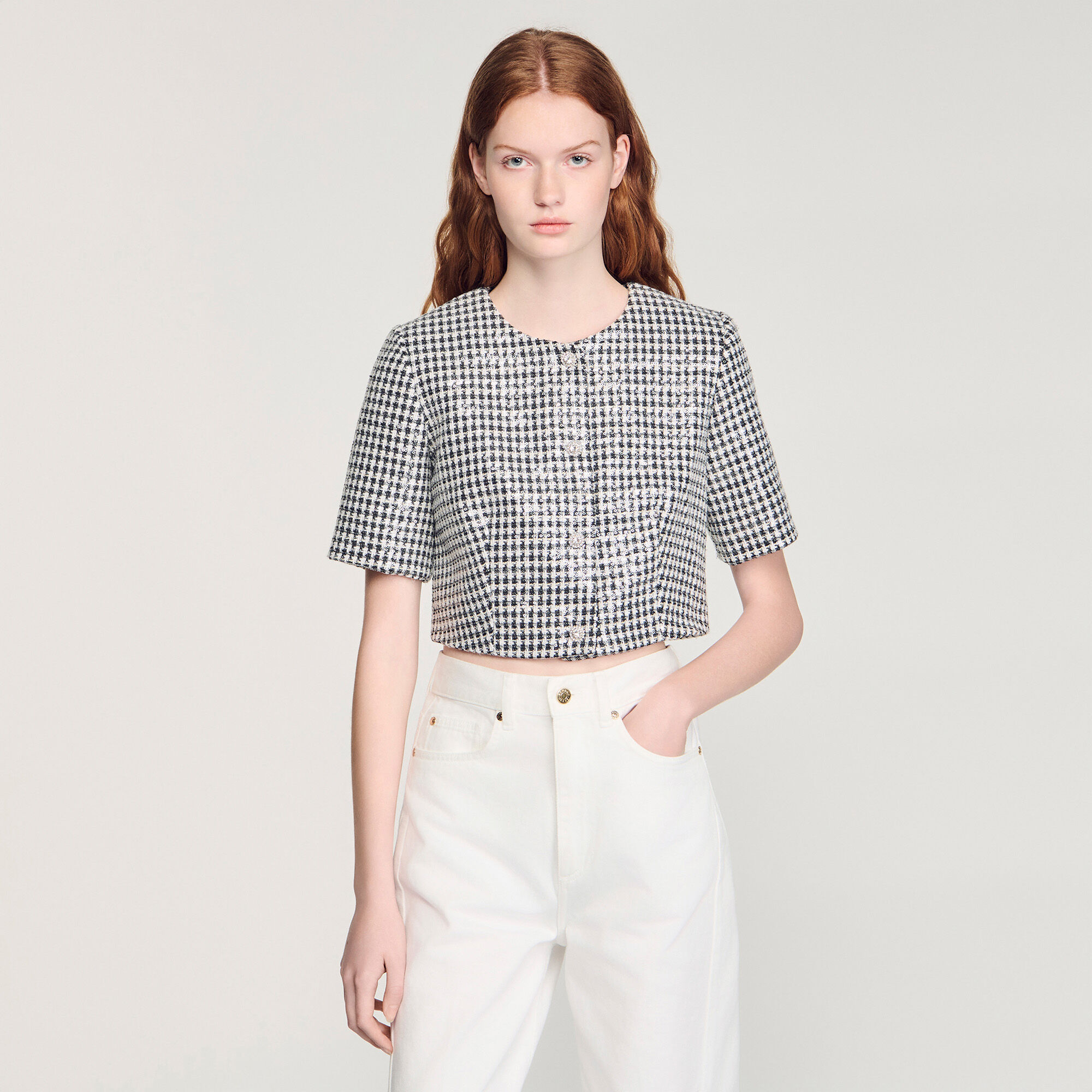 Haut en tweed à motif tartan court
