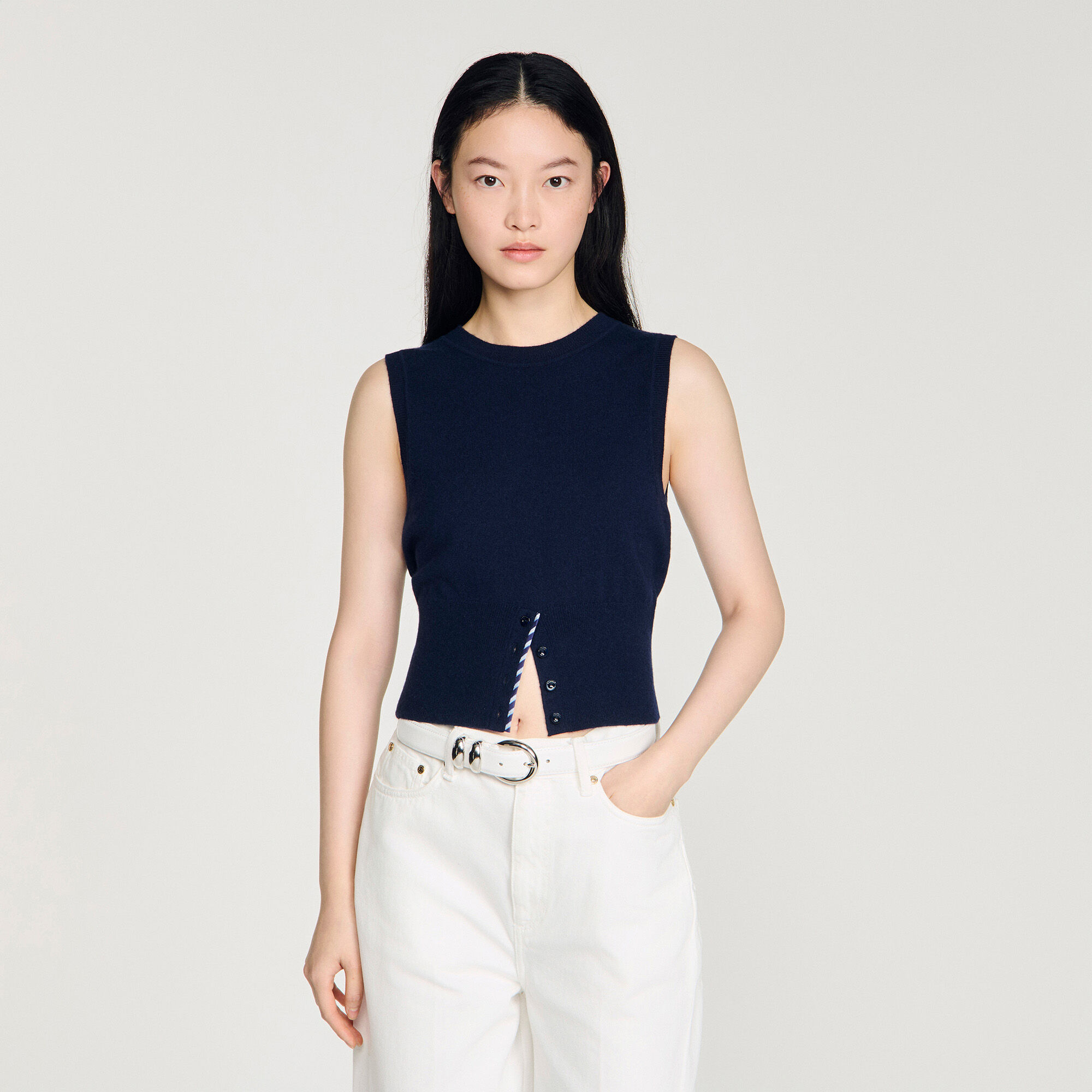 Pull-over à rayures en laine et cachemire, coupe courte